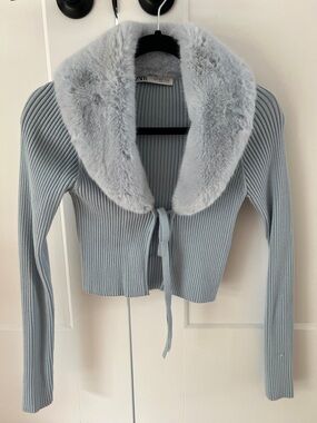 Zara Pale Blue Ribbed Cardigan with Faux Fur Collar